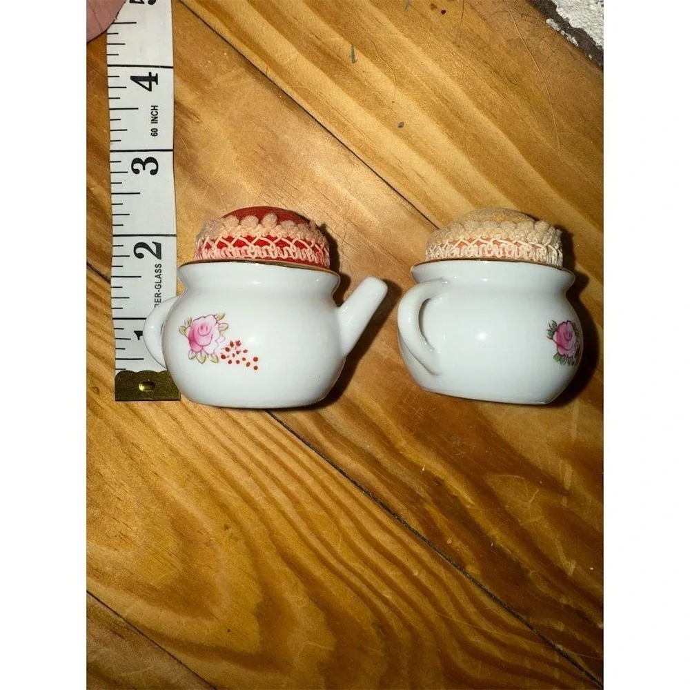 Vintage Enesco Porcelain Teapot Pincushion Set sewing‎ set of 2